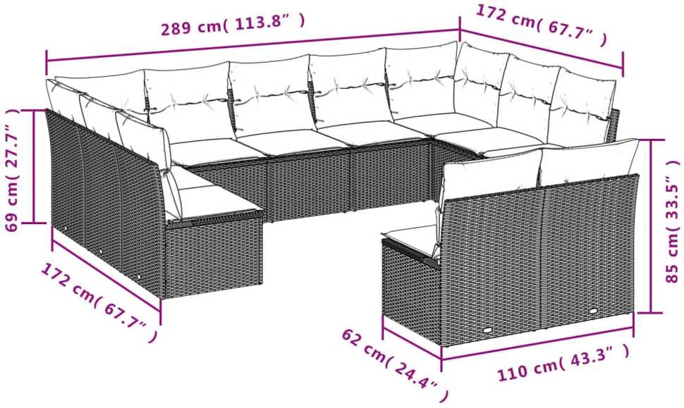 Sofa Sodo komplektas su pagalvėlėmis, 11 dalių, pilkas, poliratanas