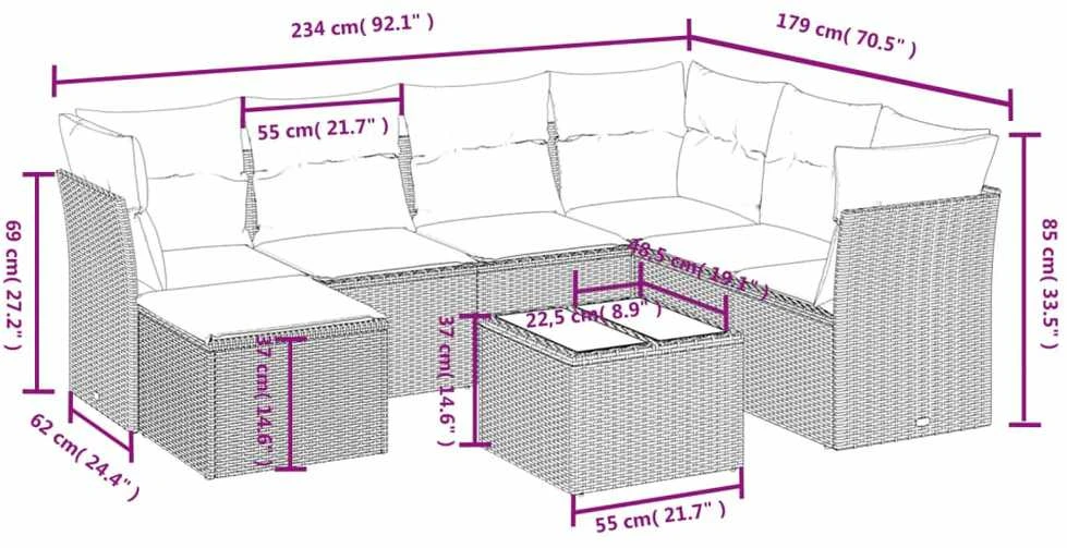 Sofa Sodo komplektas su pagalvėlėmis, 8 dalių, pilkas, poliratanas