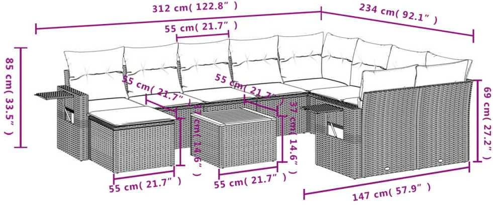 Lauko baldų komplektas Sodo komplektas su pagalvėlėmis, 11 dalių, juodas, poliratanas