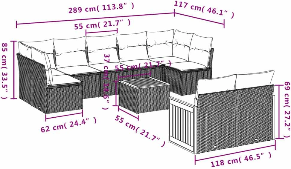 Lauko baldų komplektas Sodo komplektas su pagalvėlėmis, 9 dalių, juodas, poliratanas