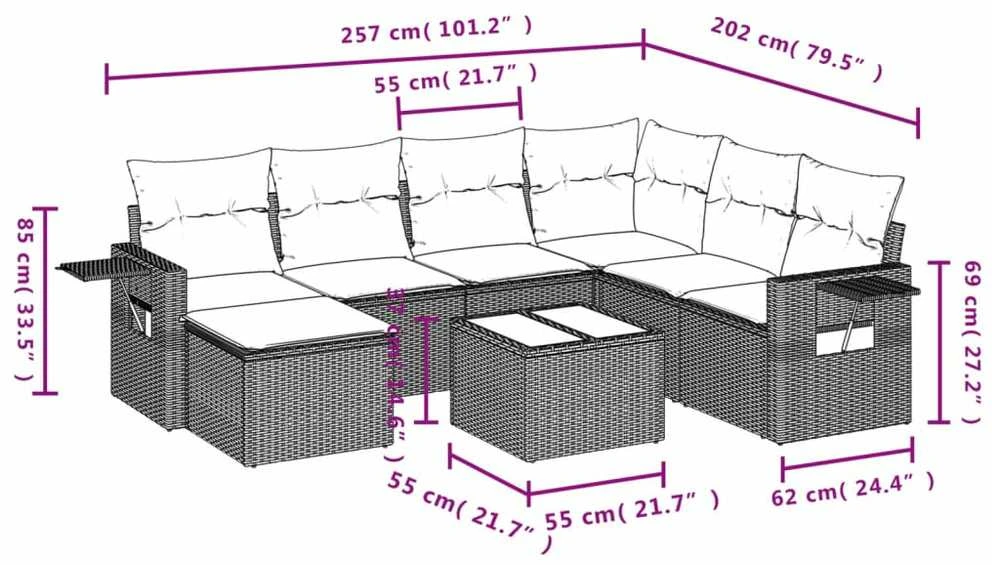 Sofa Sodo komplektas su pagalvėlėmis, 8 dalių, pilkas, poliratanas