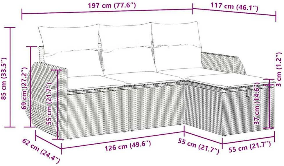 Lauko baldų komplektas Sodo komplektas su pagalvėlėmis, 4 dalių, juodas, poliratanas