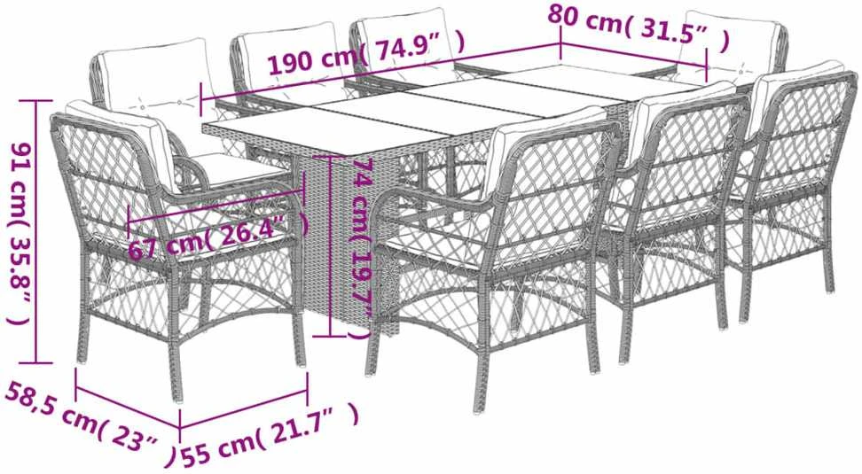 Lauko baldų komplektas Sodo komplektas su pagalvėlėmis, 9 dalių, smėlio, poliratanas