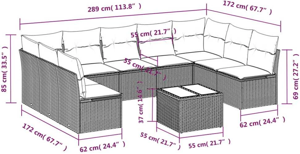 Lauko baldų komplektas Sodo komplektas su pagalvėlėmis, 10 dalių, pilkas, poliratanas
