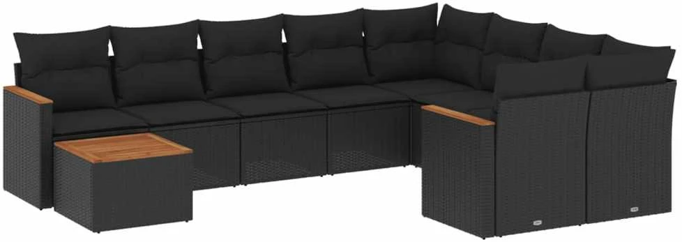 Lauko baldų komplektas Sodo komplektas su pagalvėlėmis, 10 dalių, juodas, poliratanas