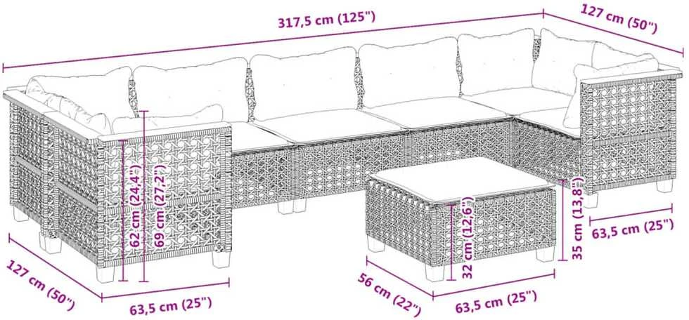 Lauko baldų komplektas Sodo komplektas su pagalvėlėmis, 8 dalių, pilkas, poliratanas