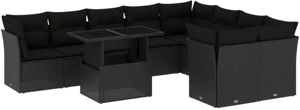 Lauko baldų komplektas Sodo komplektas su pagalvėlėmis, 10 dalių, juodas, poliratanas