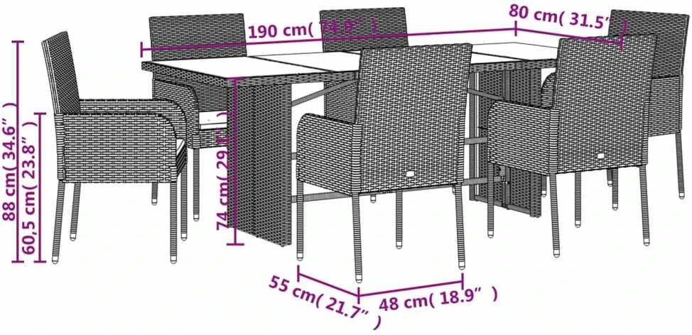 Lauko baldų komplektas Sodo komplektas su pagalvėlėmis, 7 dalių, pilkas, poliratanas