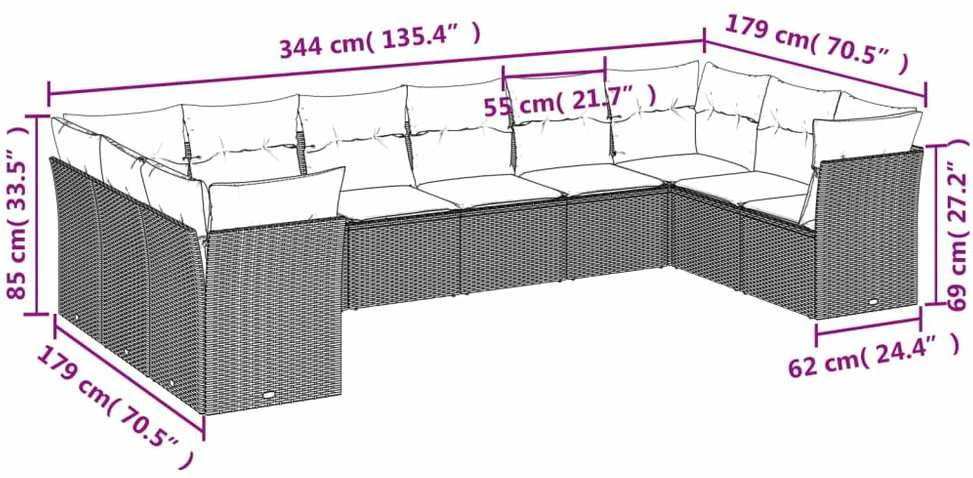 Lauko baldų komplektas Sodo komplektas su pagalvėlėmis, 10 dalių, juodas, poliratanas