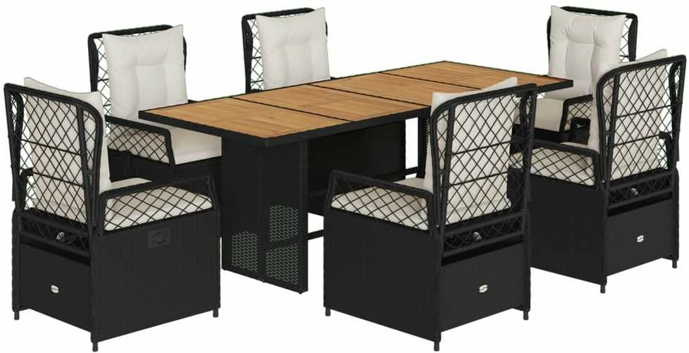 Lauko baldų komplektas Sodo komplektas su pagalvėlėmis, 7 dalių, juodas, poliratanas