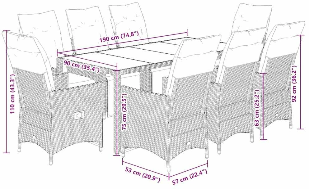 Lauko baldų komplektas Sodo komplektas su pagalvėlėmis, 9 dalių, juodas, poliratanas