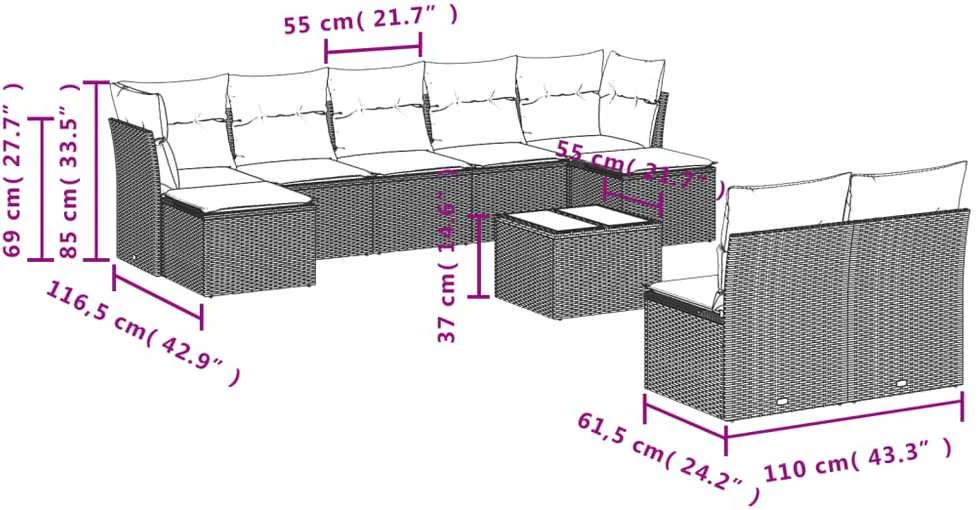Sofa Sodo komplektas su pagalvėlėmis, 10 dalių, pilkas, poliratanas
