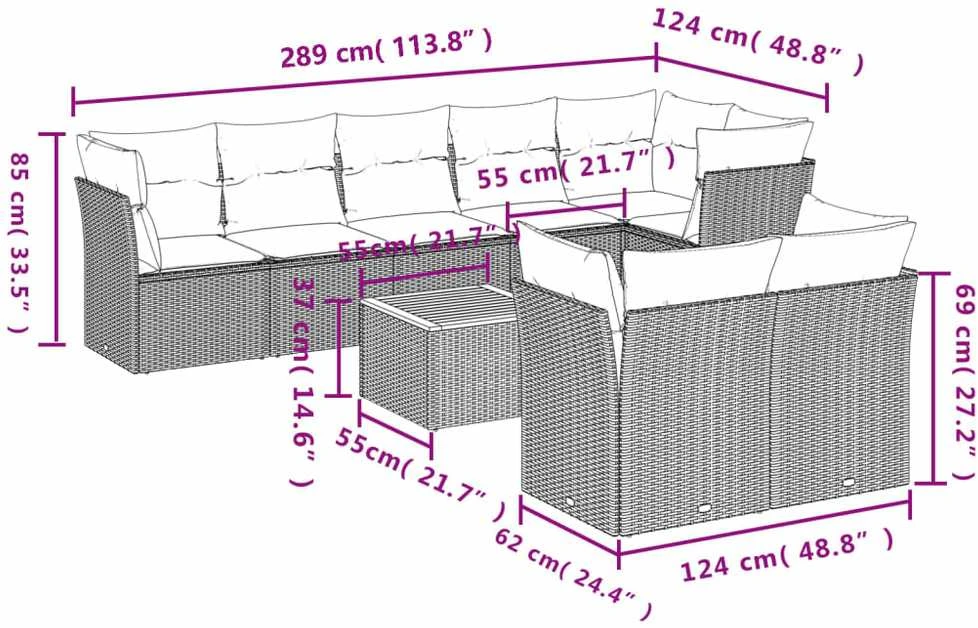 Lauko baldų komplektas Sodo komplektas su pagalvėlėmis, 9 dalių, juodas, poliratanas