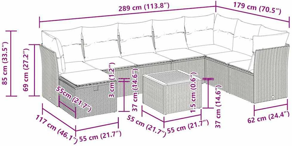 Lauko baldų komplektas Sodo komplektas su pagalvėlėmis, 9 dalių, smėlio, poliratanas