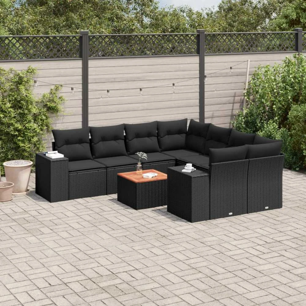 Sofa Sodo komplektas su pagalvėlėmis, 9 dalių, juodas, poliratanas
