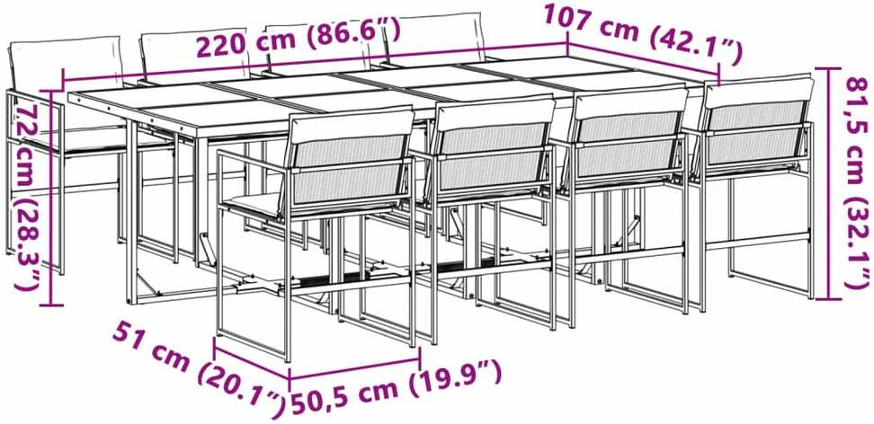 Lauko baldų komplektas Sodo komplektas su pagalvėlėmis, 9 dalių, baltas, tekstilenas