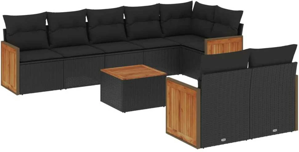 Lauko baldų komplektas Sodo komplektas su pagalvėlėmis, 9 dalių, juodas, poliratanas
