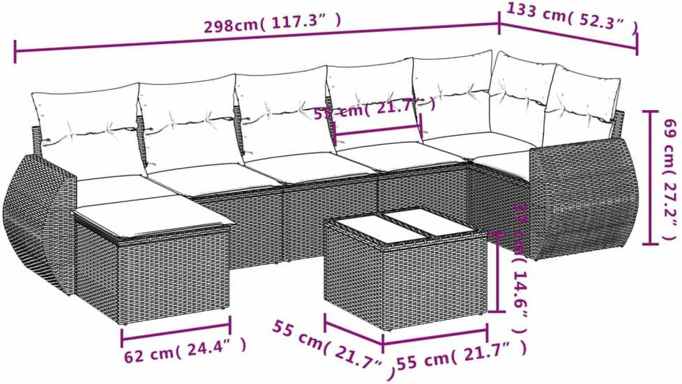 Sofa Sodo komplektas su pagalvėlėmis, 8 dalių, pilkas, poliratanas