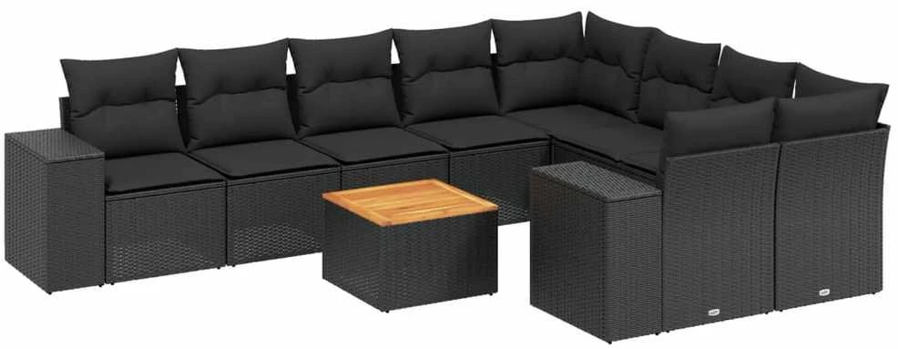 Sofa Sodo komplektas su pagalvėlėmis, 10 dalių, juodas, poliratanas