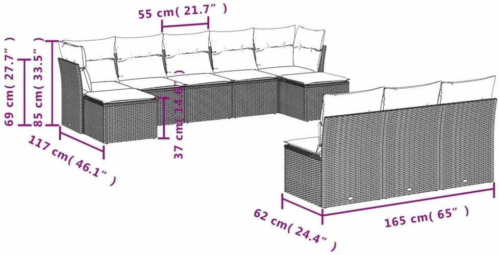 Sofa Sodo komplektas su pagalvėlėmis, 10 dalių, pilkas, poliratanas