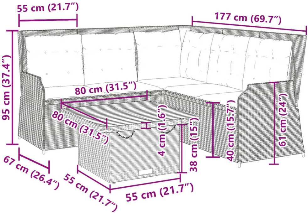 Lauko baldų komplektas Sodo komplektas su pagalvėlėmis, 4 dalių, juodas, poliratanas