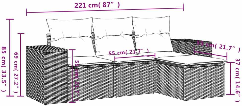 Lauko baldų komplektas Sodo komplektas su pagalvėlėmis, 4 dalių, juodas, poliratanas