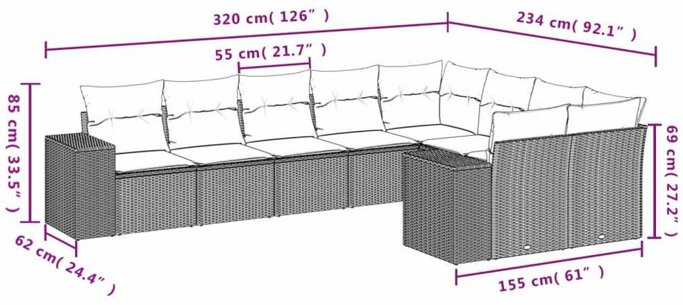 Lauko baldų komplektas Sodo komplektas su pagalvėlėmis, 9 dalių, smėlio, poliratanas