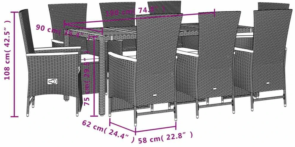 Lauko baldų komplektas Sodo komplektas su pagalvėlėmis, 9 dalių, juodas, poliratanas