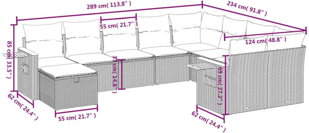 Lauko baldų komplektas Sodo komplektas su pagalvėlėmis, 10 dalių, juodas, poliratanas