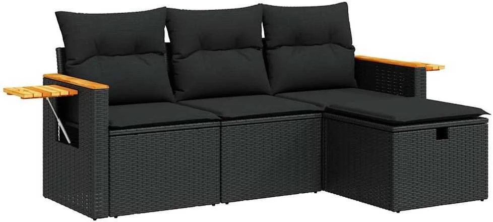 Lauko baldų komplektas Sodo komplektas su pagalvėlėmis, 4 dalių, juodas, poliratanas