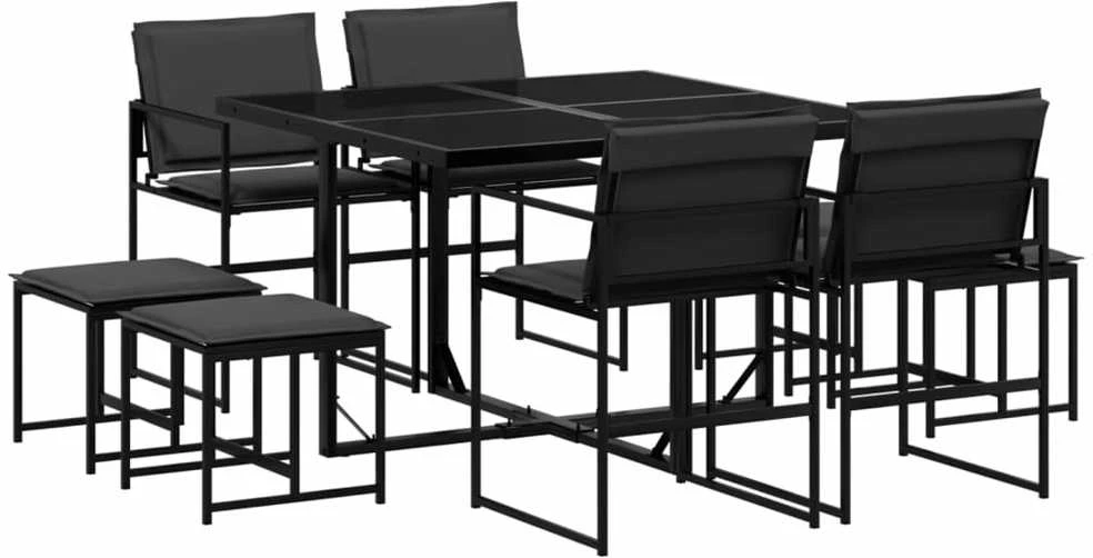 Lauko baldų komplektas Sodo komplektas su pagalvėlėmis, 9 dalių, juodas, tekstilenas