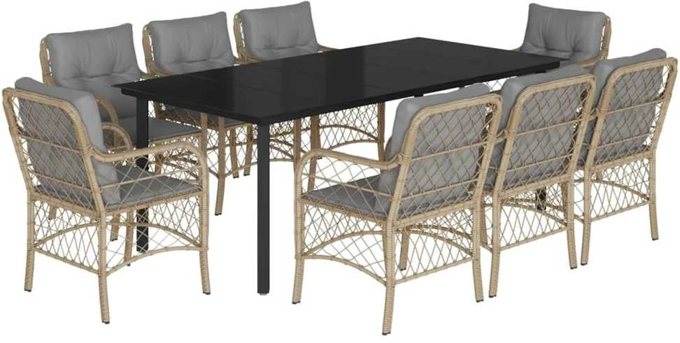 Lauko baldų komplektas Sodo komplektas su pagalvėlėmis, 9 dalių, smėlio, poliratanas