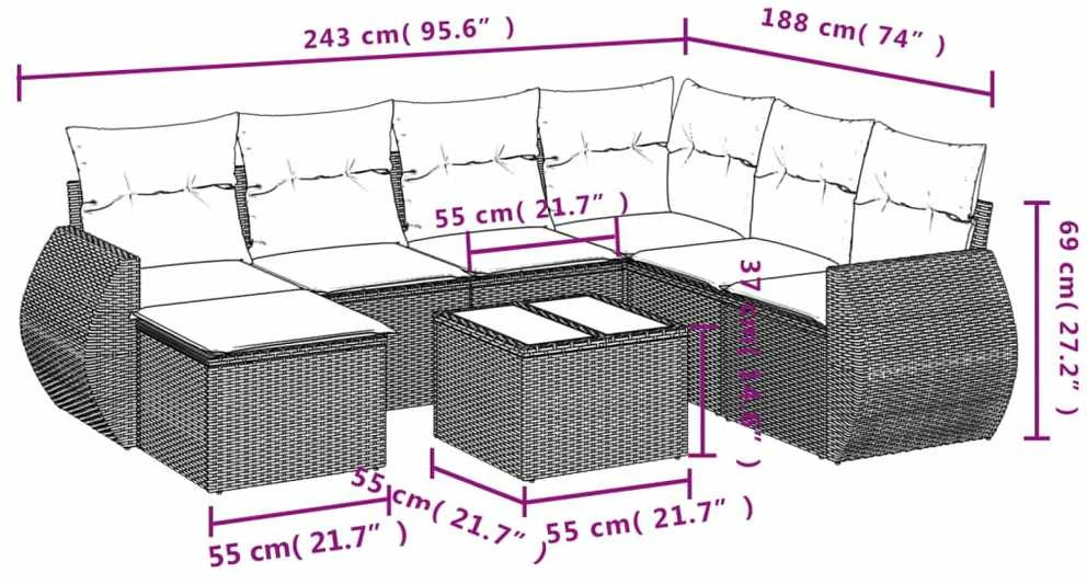 Sofa Sodo komplektas su pagalvėlėmis, 8 dalių, pilkas, poliratanas