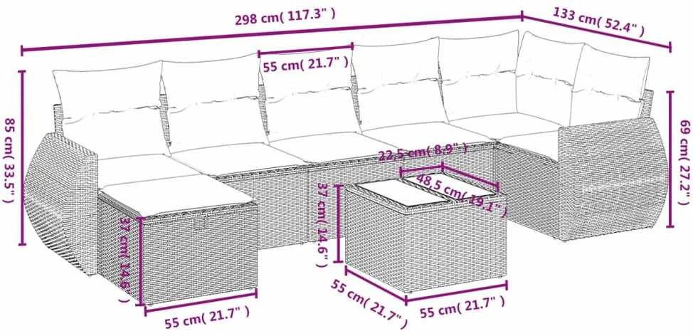 Lauko baldų komplektas Sodo komplektas su pagalvėlėmis, 8 dalių, pilkas, poliratanas