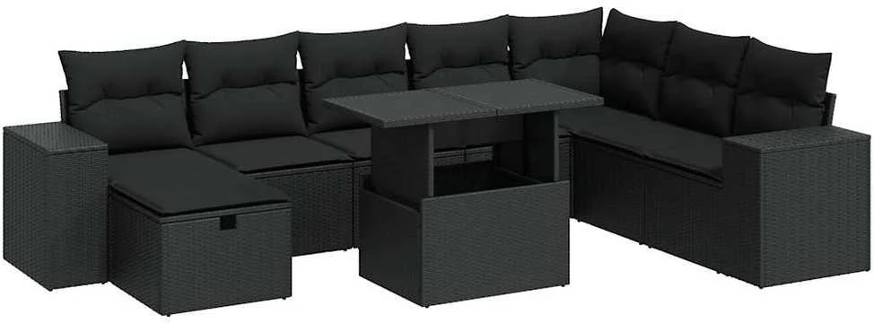 Lauko baldų komplektas Sodo komplektas su pagalvėlėmis, 9 dalių, juodas, poliratanas