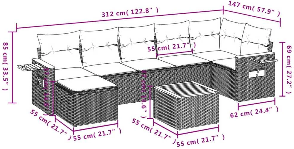 Lauko baldų komplektas Sodo komplektas su pagalvėlėmis, 8 dalių, pilkas, poliratanas
