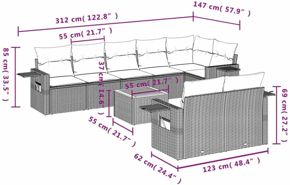 Lauko baldų komplektas Sodo komplektas su pagalvėlėmis, 9 dalių, smėlio, poliratanas