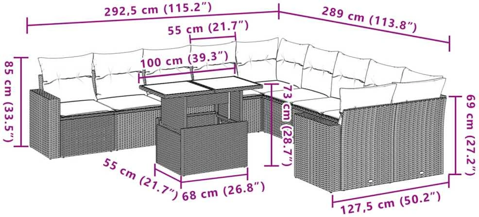 Sofa Sodo komplektas su pagalvėlėmis, 11 dalių, pilkas, poliratanas