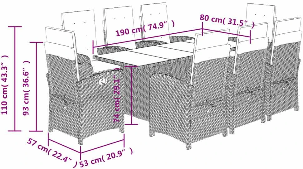 Lauko baldų komplektas Sodo komplektas su pagalvėlėmis, 9 dalių, pilkas, poliratanas