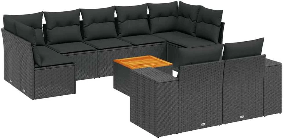 Sofa Sodo komplektas su pagalvėlėmis, 10 dalių, juodas, poliratanas