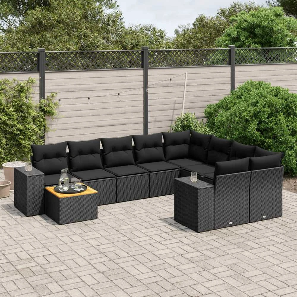 Sofa Sodo komplektas su pagalvėlėmis, 10 dalių, juodas, poliratanas