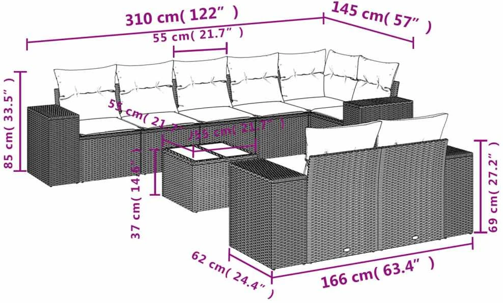 Lauko baldų komplektas Sodo komplektas su pagalvėlėmis, 9 dalių, juodas, poliratanas