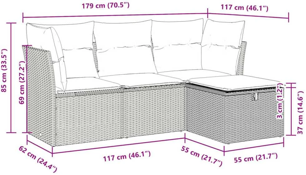 Lauko baldų komplektas Sodo komplektas su pagalvėlėmis, 4 dalių, pilkas, poliratanas
