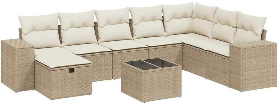 Sofa Sodo komplektas su pagalvėlėmis, 9 dalių, smėlio, poliratanas