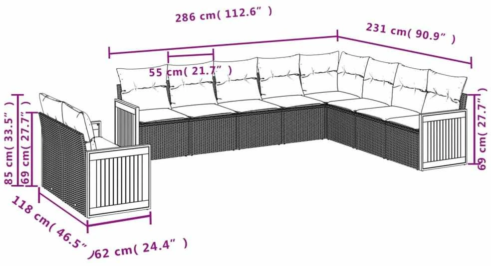 Lauko baldų komplektas Sodo komplektas su pagalvėlėmis, 10 dalių, juodas, poliratanas