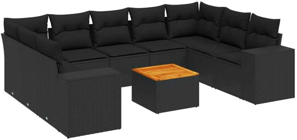 Sofa Sodo komplektas su pagalvėlėmis, 10 dalių, juodas, poliratanas