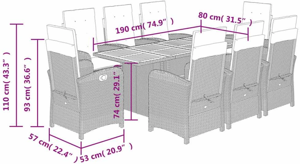 Lauko baldų komplektas Sodo komplektas su pagalvėlėmis, 9 dalių, juodas, poliratanas