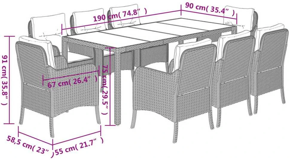 Lauko baldų komplektas Sodo komplektas su pagalvėlėmis, 9 dalių, juodas, poliratanas