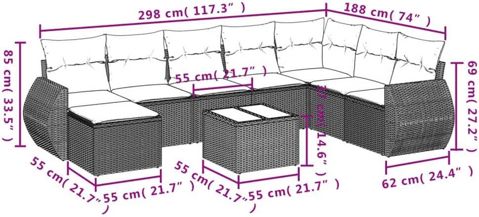 Lauko baldų komplektas Sodo komplektas su pagalvėlėmis, 8 dalių, pilkas, poliratanas