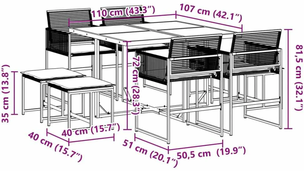 Lauko baldų komplektas Sodo komplektas su pagalvėlėmis, 9 dalių, juodas, poliratanas